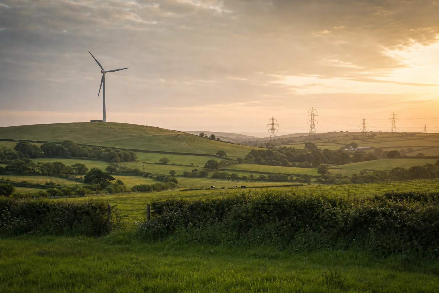 Rolling countryside at sunset with a wind turbine and electricity pylons